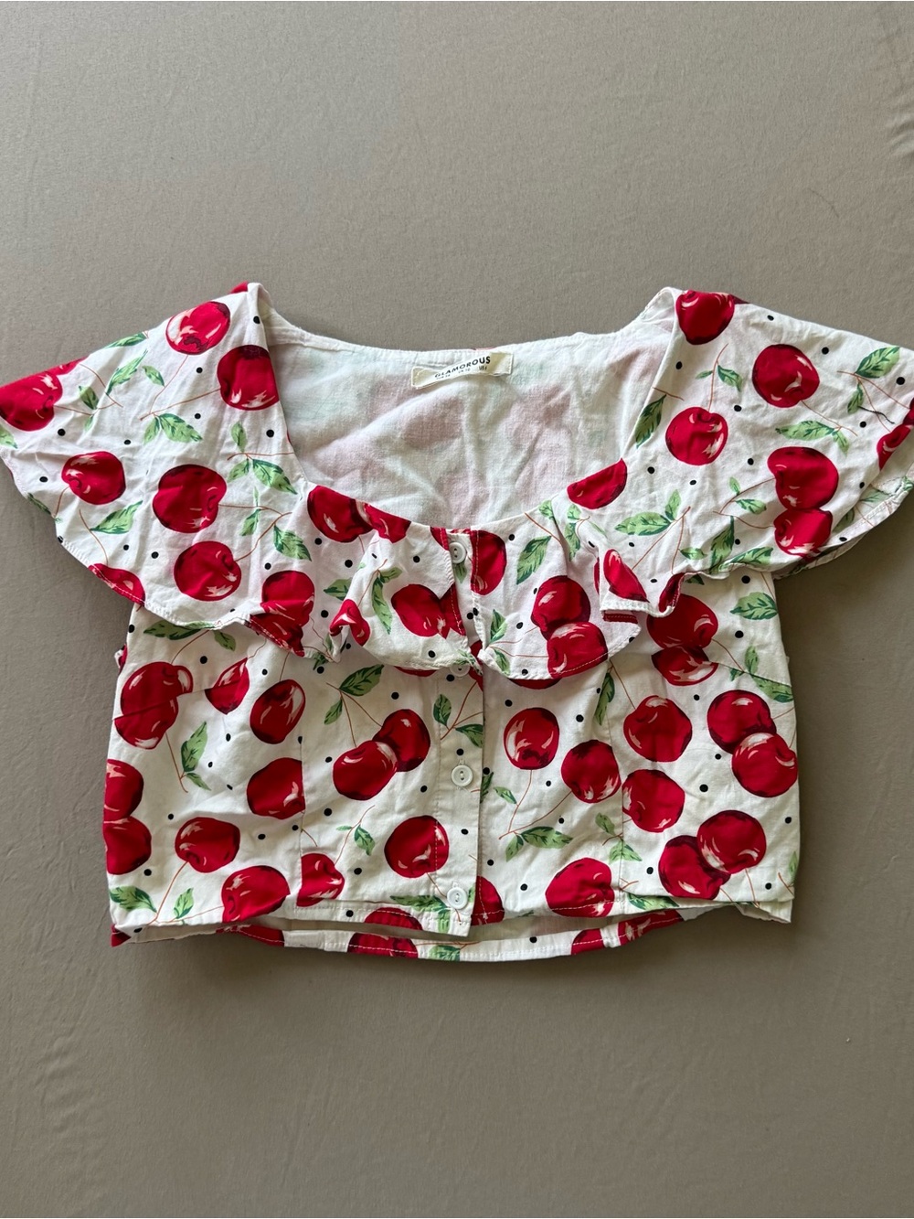 Glamorous Cherry Print Ruffle Shoulder Crop Top